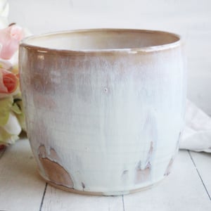 Image of Rustic Utensil Holder in Dripping White and Ocher Glaze, Ceramic Crock Made in USA