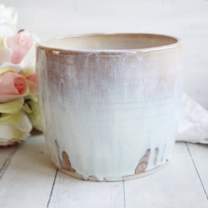 Image of Rustic Utensil Holder in Dripping White and Ocher Glaze, Ceramic Crock Made in USA
