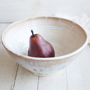 Image of Discounted "Second" Serving Bowl in Dripping White and Ocher Glaze, Made in USA