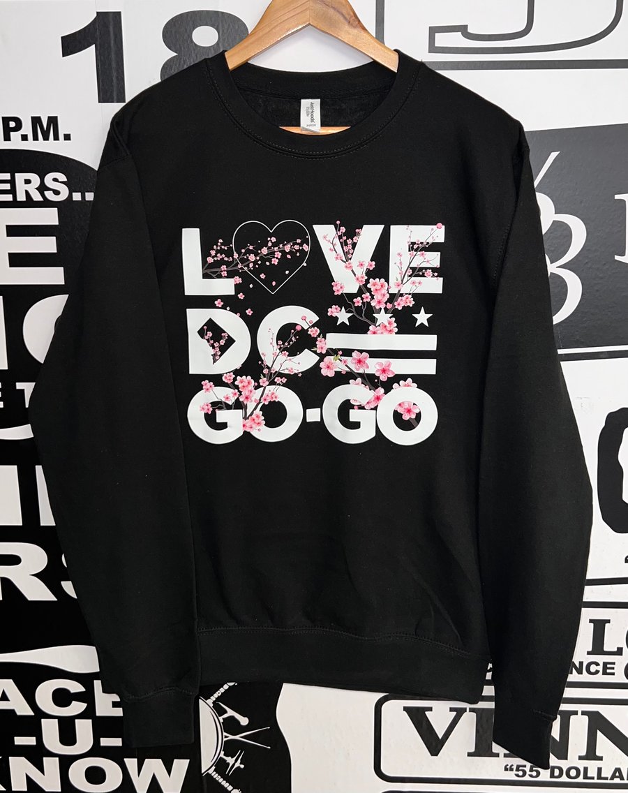 Image of LOVE DC GOGO "CHERRY BLOSSOM" Black Crewneck Sweatshirt