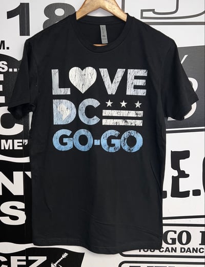 Image of LOVE DC GOGO "WHITIE/BLUE VINTAGE" Black T-shirt