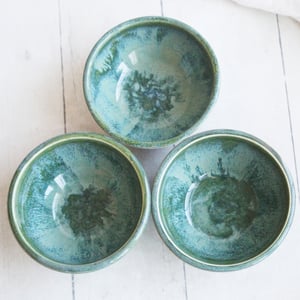 Image of Set of Three Small Ceramic Bowls, Handcrafted Stoneware Prep Bowls, Green Pottery Made in USA