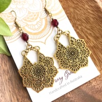 Image 1 of Antique Gold Metal Mandala Earrings with Ruby Red or Cobalt Blue Glass