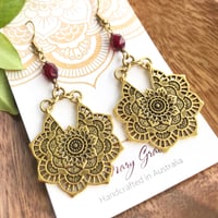 Image 3 of Antique Gold Metal Mandala Earrings with Ruby Red or Cobalt Blue Glass