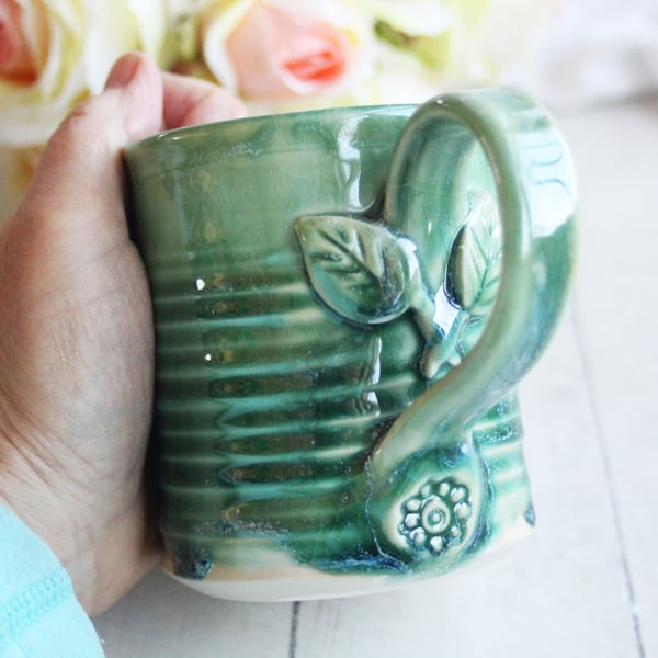 Image of Shimmering Green Pottery Mug with Floral Details, Coffee Cup 12 oz., Made in USA