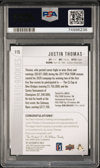 Image 3 of 2021 SP Authentics Justin Thomas #115 /299 Auto 10 Near Mint 7