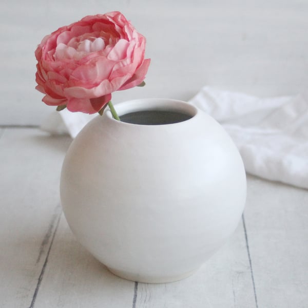 Image of Simple Round Matte White Ceramic Vase, Handmade Pottery Vase, Made in USA