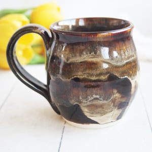 Image of Handmade Pottery Mug in Brown and Black Rustic Glazes, 15 oz. Ceramic Coffee Cup Made in USA