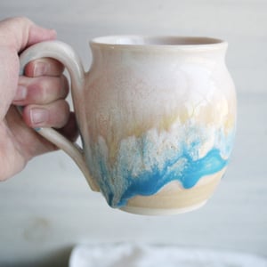 Image of Pottery Mug in Creamy White, Turquoise Glazes, 15 Ounce, Handmade Stoneware Tea Cup, Made in USA
