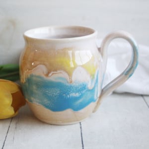Image of Pottery Mug in Creamy White, Turquoise Glazes, 15 Ounce, Handmade Stoneware Tea Cup, Made in USA