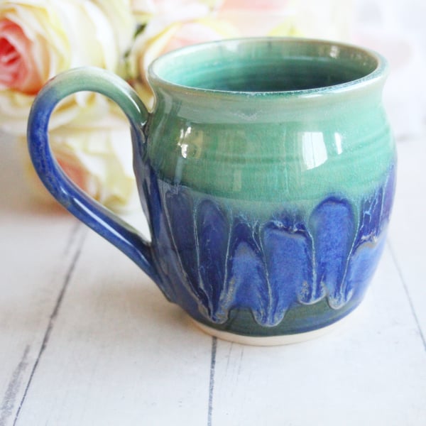 Image of Blue and Green Pottery Mug with Dripping Glazes, 16 oz. Coffee Cup, Handmade in USA