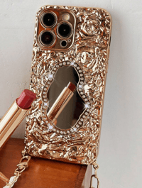 Rose Patterned Tpu Phone Case With Hanging Rope & Mirror, Compatible With iPhone