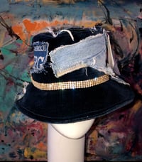 Image 1 of H.O.D. Navy Blue Velvet Bucket Hat With Gold Rhinestone Band & All Over Denim Patchwork  
