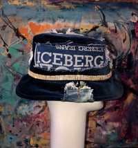 Image 2 of H.O.D. Navy Blue Velvet Bucket Hat With Gold Rhinestone Band & All Over Denim Patchwork  