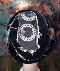 Image 3 of H.O.D. Navy Blue Velvet Bucket Hat With Gold Rhinestone Band & All Over Denim Patchwork  