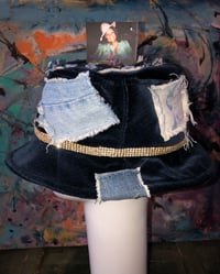 Image 4 of H.O.D. Navy Blue Velvet Bucket Hat With Gold Rhinestone Band & All Over Denim Patchwork  