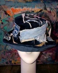Image 5 of H.O.D. Navy Blue Velvet Bucket Hat With Gold Rhinestone Band & All Over Denim Patchwork  