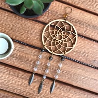 Image 5 of Decorative Natural Wooden Mandala Hanger with Clear and Brown Glass Beads and Brass Charms