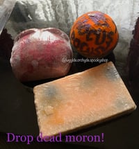 Image 2 of Drop Dead Moron! Trio Gift Set Hocus Pocus Halloween Handmade Bathbomb Body Scub Vegan
