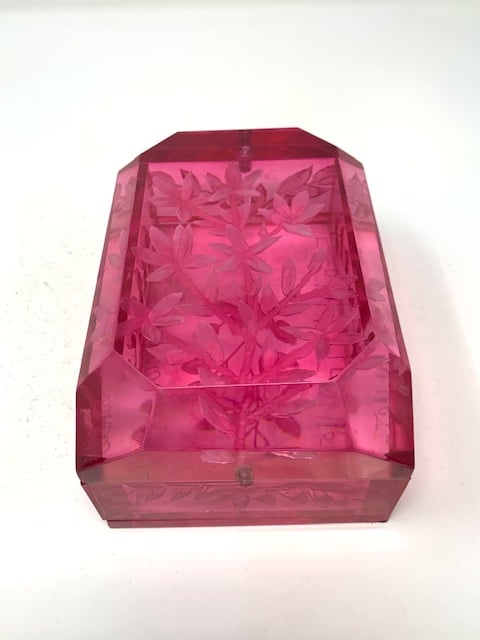 Image of Hand Carved Lucite Desk Box-Hot Pink with Cherry Blossoms - custom order
