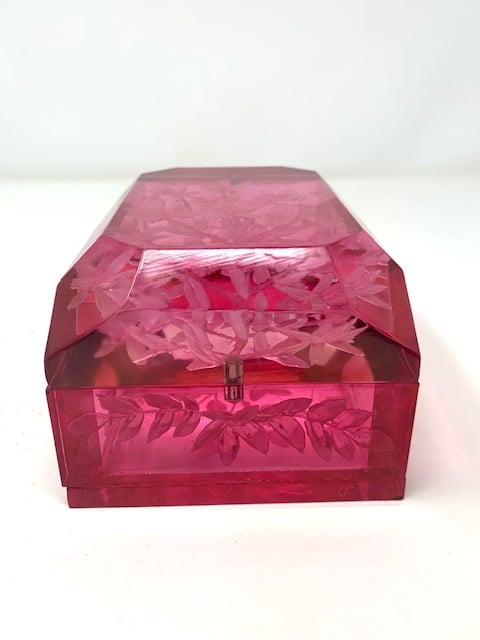 Image of Hand Carved Lucite Desk Box-Hot Pink with Cherry Blossoms 