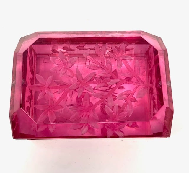 Image of Hand Carved Lucite Desk Box-Hot Pink with Cherry Blossoms 