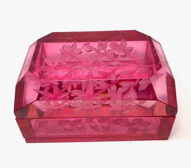 Image of Hand Carved Lucite Desk Box-Hot Pink with Cherry Blossoms 