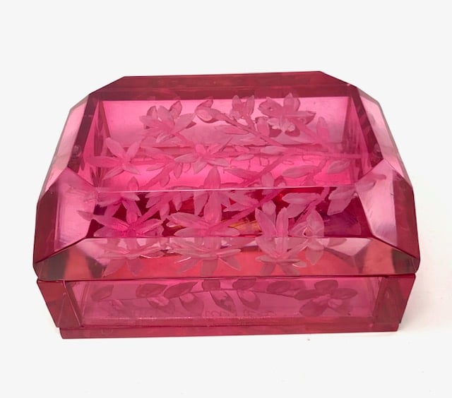 Image of Hand Carved Lucite Desk Box-Hot Pink with Cherry Blossoms - custom order