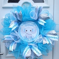 Image 1 of Handmade New Boy Announcement Wreath,Nursery Wall Decor, Deco Mesh Baby Welcome Wreath