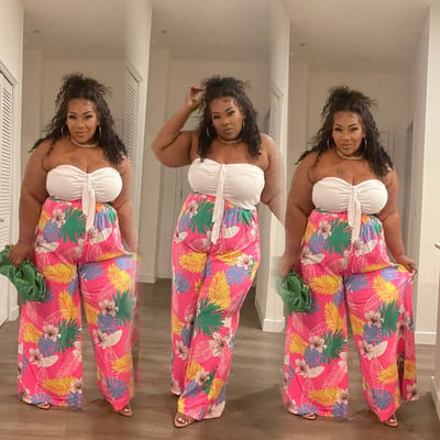 Image of 3PACK PLUS SIZE FLORAL PRINTED WIDE LEG PANTS-fuschia-01