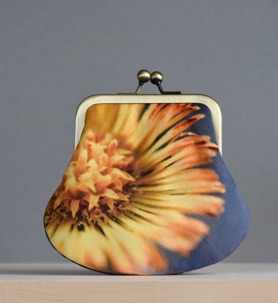 Image of Coltsfoot flower, LARGE velvet kisslock purse with plant-dyed lining