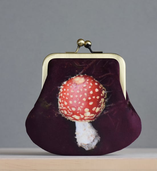 Image of Fly agaric, LARGE velvet kisslock purse with plant-dyed lining
