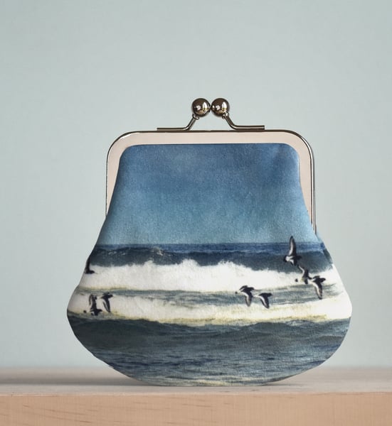 Image of Oystercatchers, LARGE velvet kisslock purse with plant-dyed lining