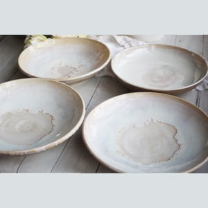 Image of Discounted "Seconds", Set of Four Shallow Bowls in Dripping White and Ocher Glaze, Made in USA