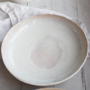 Image of Discounted "Seconds", Set of Four Shallow Bowls in Dripping White and Ocher Glaze, Made in USA