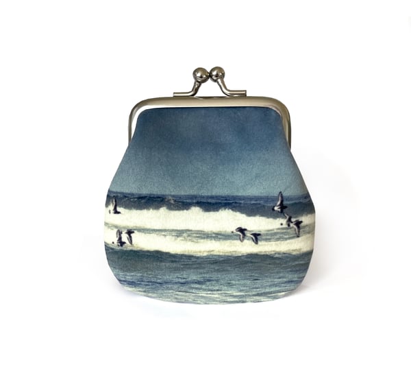 Image of Oystercatchers, velvet kisslock coin purse with plant-dyed lining