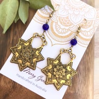 Image 2 of Antique Gold Metal Mandala Earrings with Ruby Red or Cobalt Blue Glass