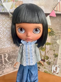 Image 1 of Nineteen zero six Blue stripe ruffle high neck blouse