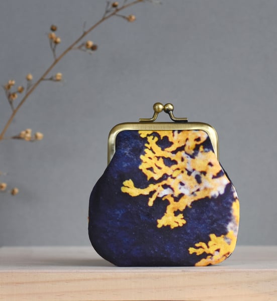 Image of Yellow lichen, velvet kisslock coin purse with plant-dyed lining