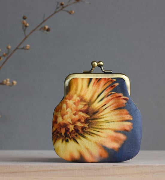 Image of Coltsfoot flower, velvet kisslock coin purse with plant-dyed lining