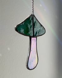 Image 2 of Stained Glass Mushroom – Spotted Teal / Iridescent (Small)