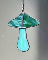 Image 3 of Stained Glass Mushroom – Spotted Teal / Iridescent (Small)