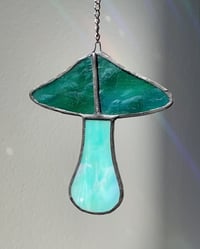 Image 1 of Stained Glass Mushroom – Spotted Teal / Iridescent (Small)