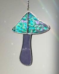 Image 1 of Stained Glass Mushroom – Wavy Iridescent Teal / Purple (Small)