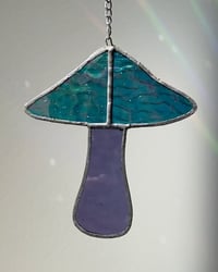 Image 2 of Stained Glass Mushroom – Wavy Iridescent Teal / Purple (Small)