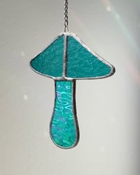 Image 1 of Stained Glass Mushroom – Iridescent / Wavy Teal (Small)
