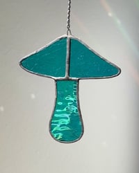 Image 3 of Stained Glass Mushroom – Iridescent / Wavy Teal (Small)