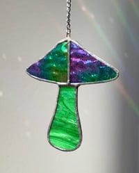 Image 1 of Stained Glass Mushroom – Iridescent Wavy Green / Marble Green (Small)