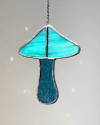 Image 1 of Stained Glass Mushroom – Marble Teal-Aqua / Wavy Teal-Blue (Small)