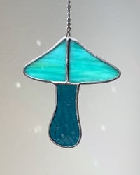Image 4 of Stained Glass Mushroom – Marble Teal-Aqua / Wavy Teal-Blue (Small)
